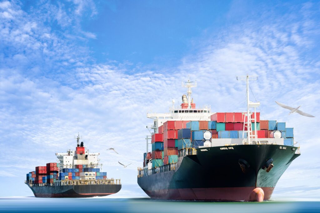 Two large cargo ships loaded with colorful shipping containers sailing across calm waters under a bright blue sky with scattered clouds and seagulls flying nearby.