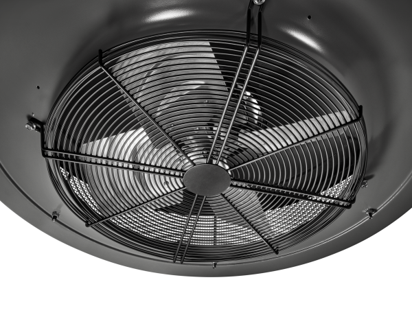 destratification fan detail with safety fan guard and fan blades