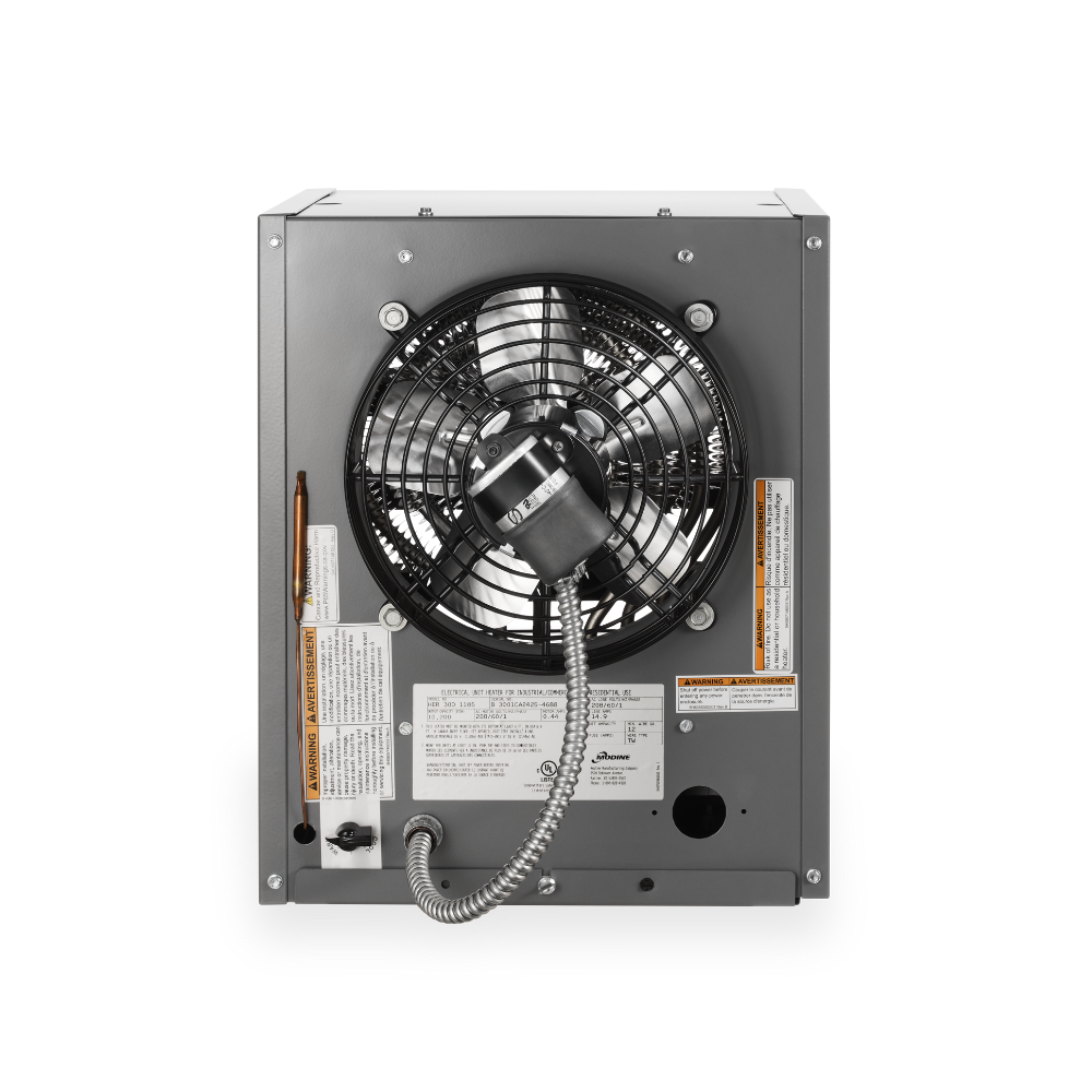 Refreshed Modine Horizontal Electric Unit Heater (HER) with new gray and black finish, shown with factory-installed disconnect switch, line-voltage thermostat, and 24V transformer