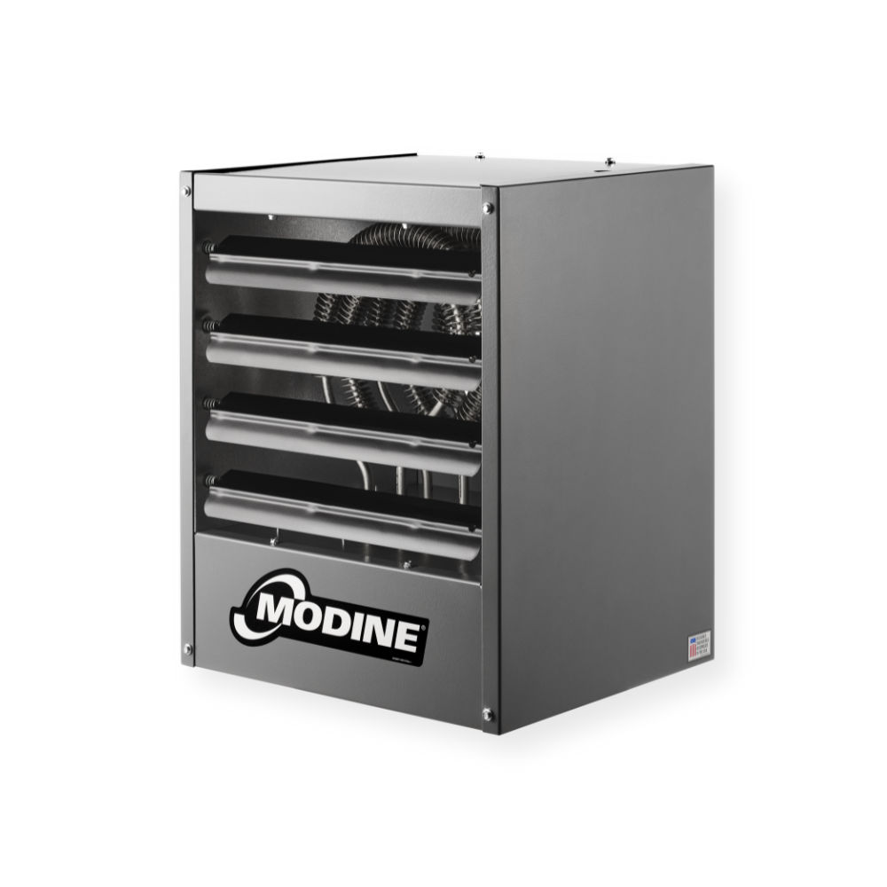 Refreshed Modine Horizontal Electric Unit Heater (HER) with new gray and black finish, shown with factory-installed disconnect switch, line-voltage thermostat, and 24V transformer