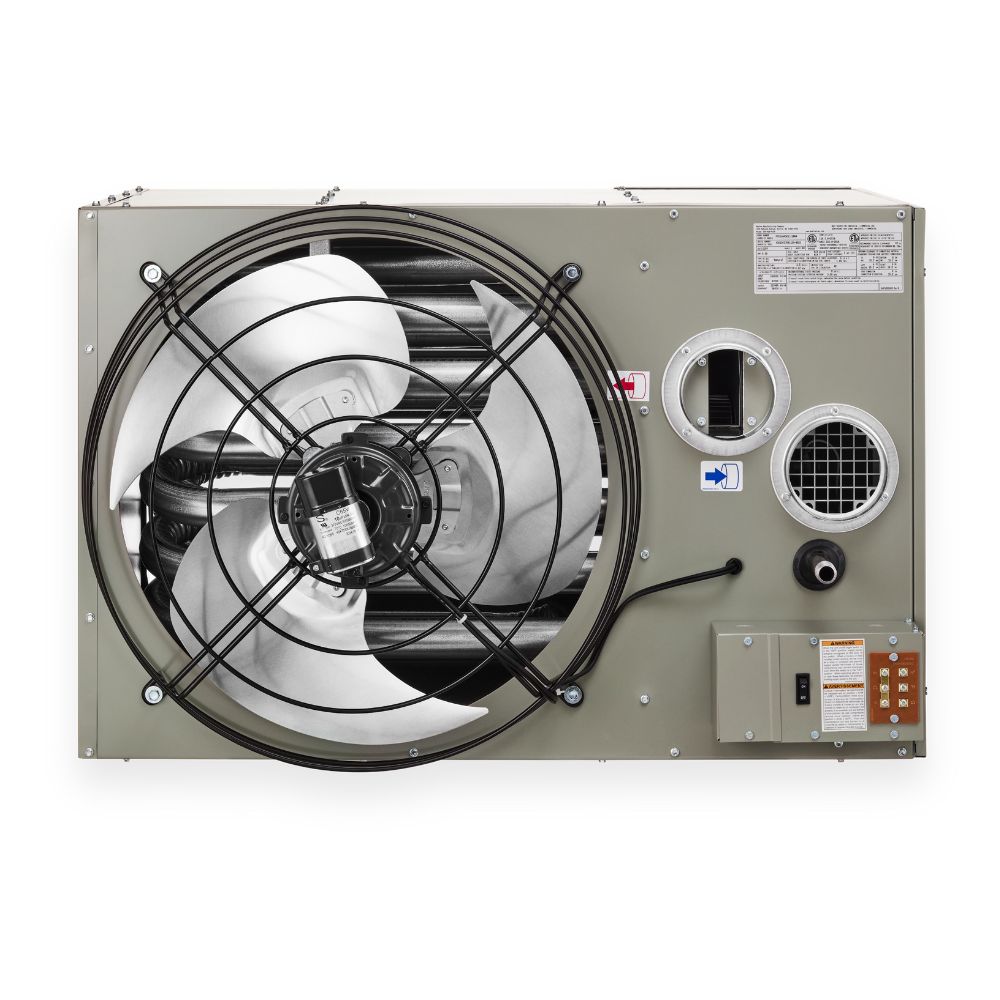 separated combustion & power vented modine unit heater, wall-mounted with horizontal air vents, designed for industrial or commercial heating applications