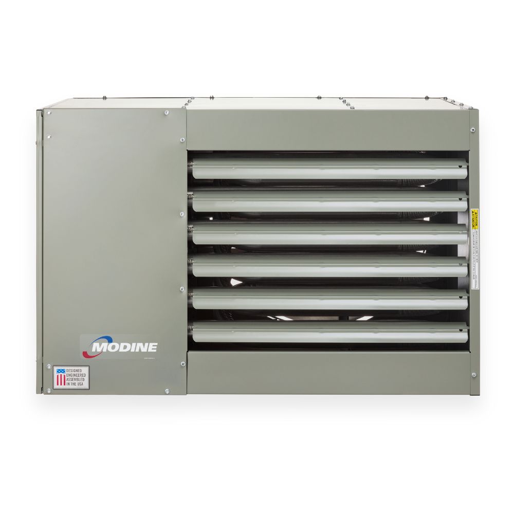 separated combustion & power vented modine unit heater, wall-mounted with horizontal air vents, designed for industrial or commercial heating applications