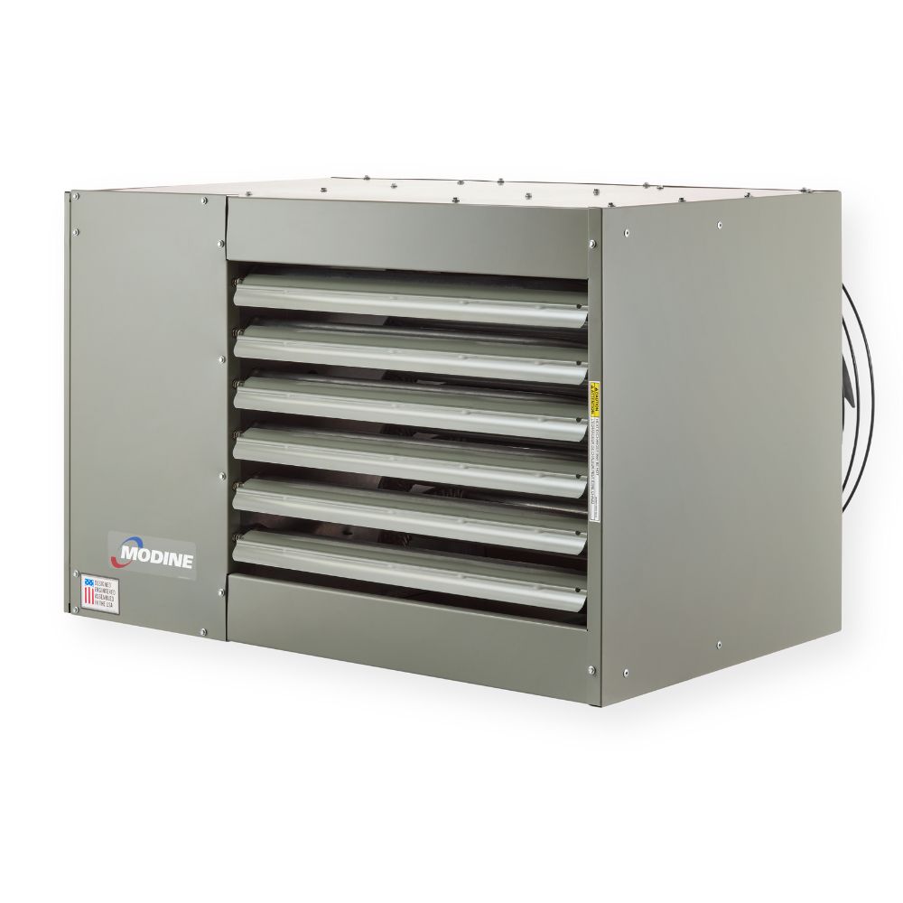 separated combustion & power vented modine unit heater, wall-mounted with horizontal air vents, designed for industrial or commercial heating applications