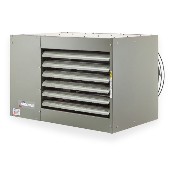 eparated combustion & power vented modine unit heater, wall-mounted with horizontal air vents, designed for industrial or commercial heating applications