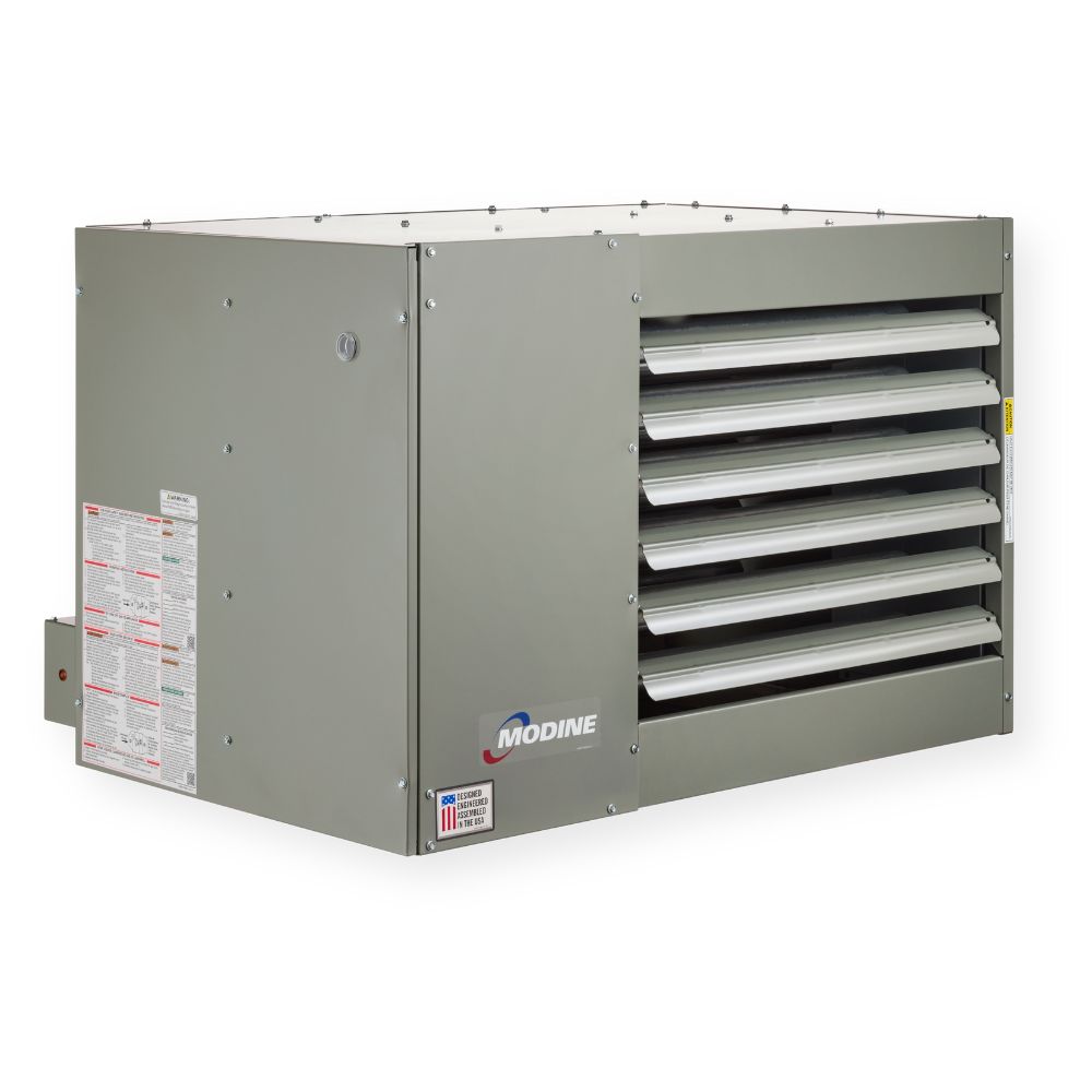 separated combustion & power vented modine unit heater, wall-mounted with horizontal air vents, designed for industrial or commercial heating applications