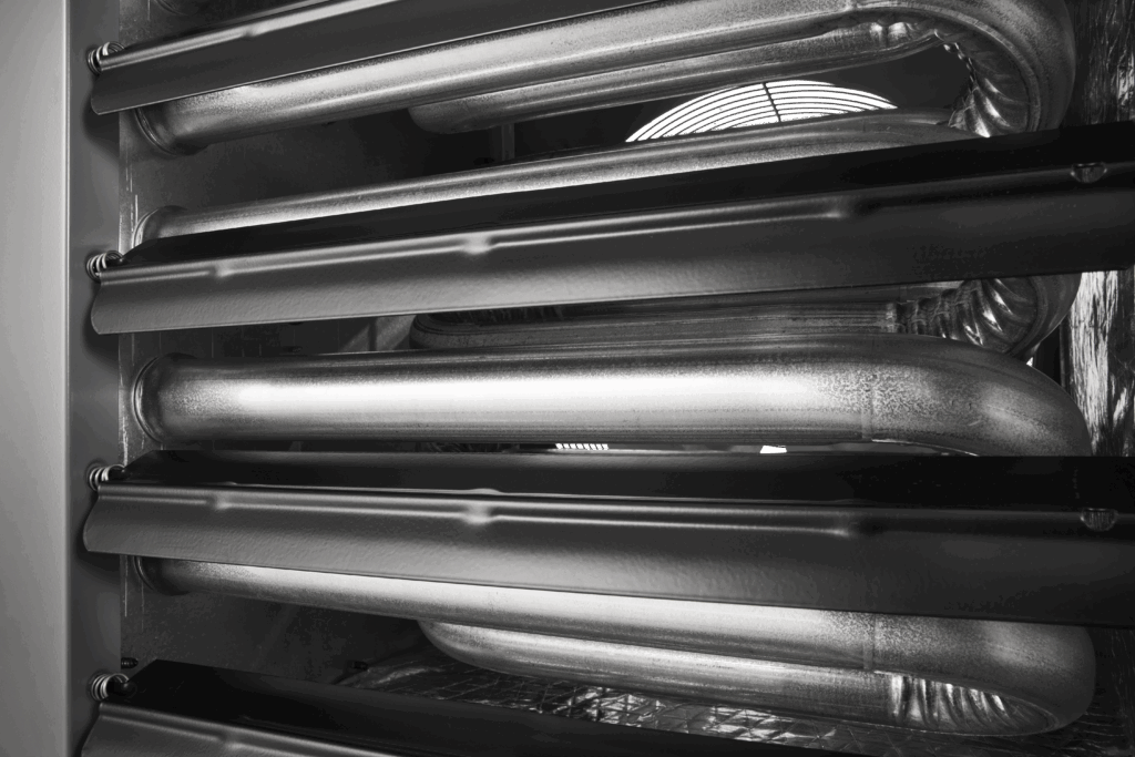 Modine hot dawg power-vented gas-fired unit heater, adjustable blades and heat exchanger detail view