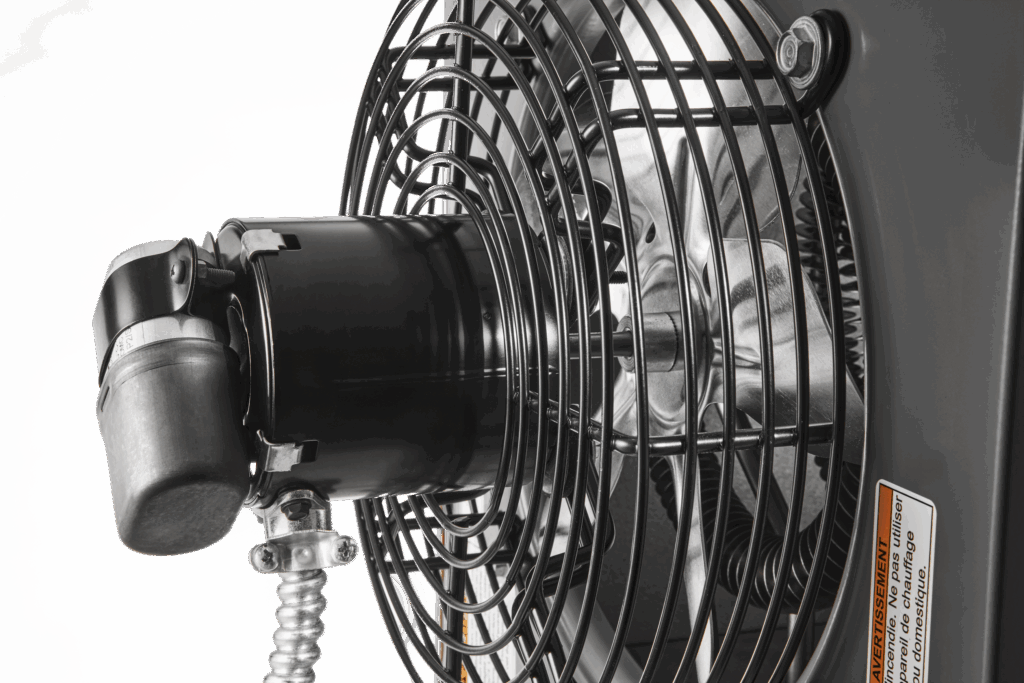 modine horizontal electric unit heater, model HER, magnified detail view of the back of the unit, showing a detailed view of the fan, fan motor, and fav cage.