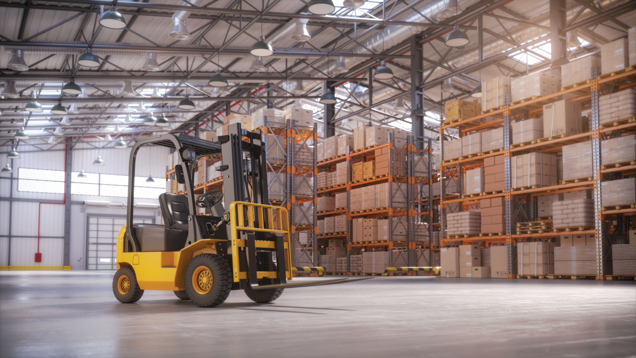 Yellow forklift parked in a spacious warehouse with tall metal shelves stacked with cardboard boxes and pallets under bright overhead lighting.