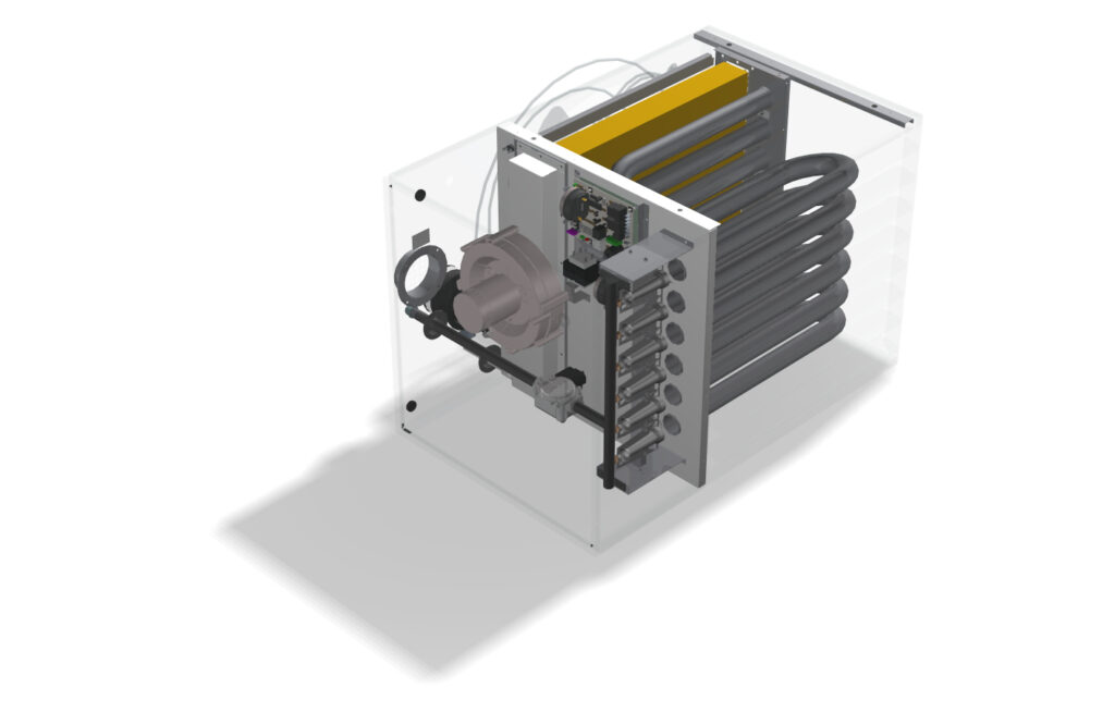 Modine high efficiency condensing gas-fired unit heater, model PTC, CAD cut-out rendering of the interior elements, highlighting the secondary recuperative heat exchanger fabricated from AL29-4C stainless steel.